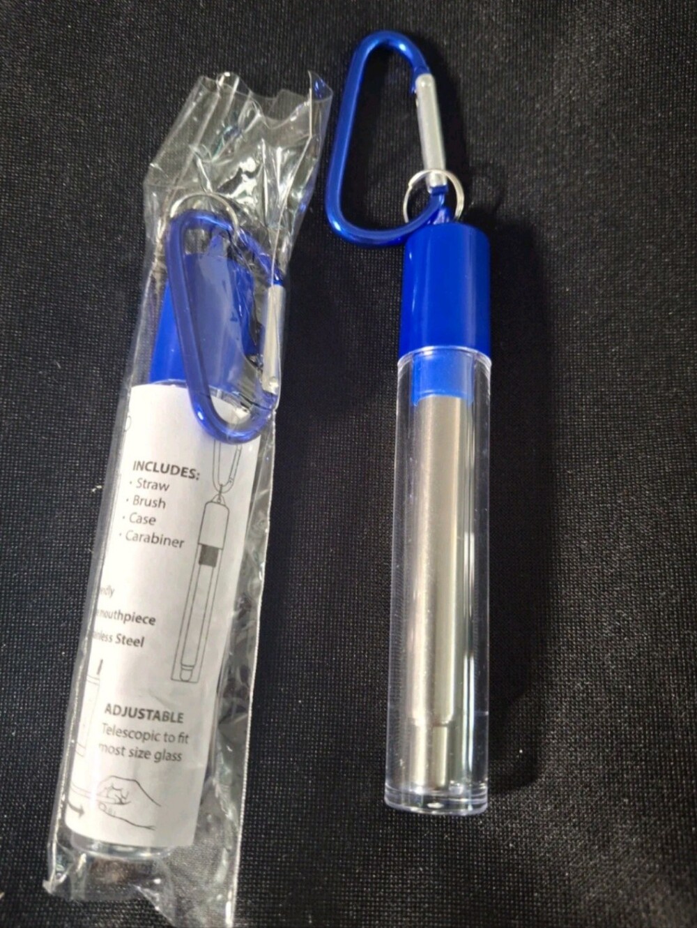 Blue Portable Telescopic Straw and Carry Case with Carabiner